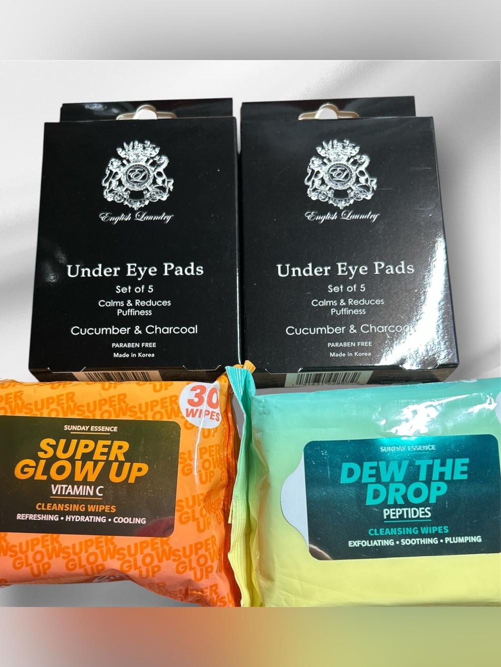 English Laundry Under Eye Pads. 
and Sunday Essence Cleansing Wipes.
NIP
